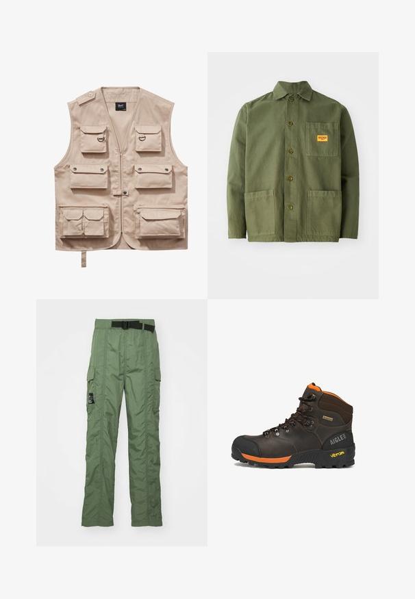 Beige cargo vest lavet af slidstærkt stof, med flere lommer med klapper, lynlås og krave. Accenter inkluderer metaltrykknapper og ringe.; Oliven grøn jakke lavet af tung bomuld, med en spids krave, frontknapper og to store påsætningslommer. Inkluderer et lille logo patch.; Cargo bukser i olivengrøn, lavet af let materiale. Har et sort bælte, cargo-lommer på siderne og syningsdetaljer.; Brun læder vandrestøvle med sorte og orange accenter, sorte snørebånd, Vibram-sål, Gore-Tex mærkat og Aigle 1853 branding på hælen.