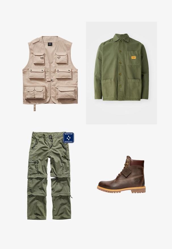 Beige Cargo-Weste aus strapazierfähigem Stoff, ausgestattet mit mehreren Taschen mit Klappen, einem Reißverschluss und einem Kragen. Akzente sind metallene Druckknöpfe und Ringe.; Olivgrüne Jacke aus schwerem Baumwollmaterial, mit spitzem Kragen, Knöpfen auf der Vorderseite und zwei großen aufgesetzten Taschen. Mit einem kleinen Logo-Patch versehen.; Grüne, wasserabweisende Cargo-Hosen mit mehreren Reißverschlusstaschen, verstellbaren Bündchen und einem strapazierfähigen Stoff. Mit einem Logo-Patch auf der Vorderseite.; Braune Leder-Ankelstiefel mit runder Zehenpartie, robuster Sohle, goldfarbener Hardware und strukturiertem Obermaterial. Enthält ein angehängtes Logo-Tag.