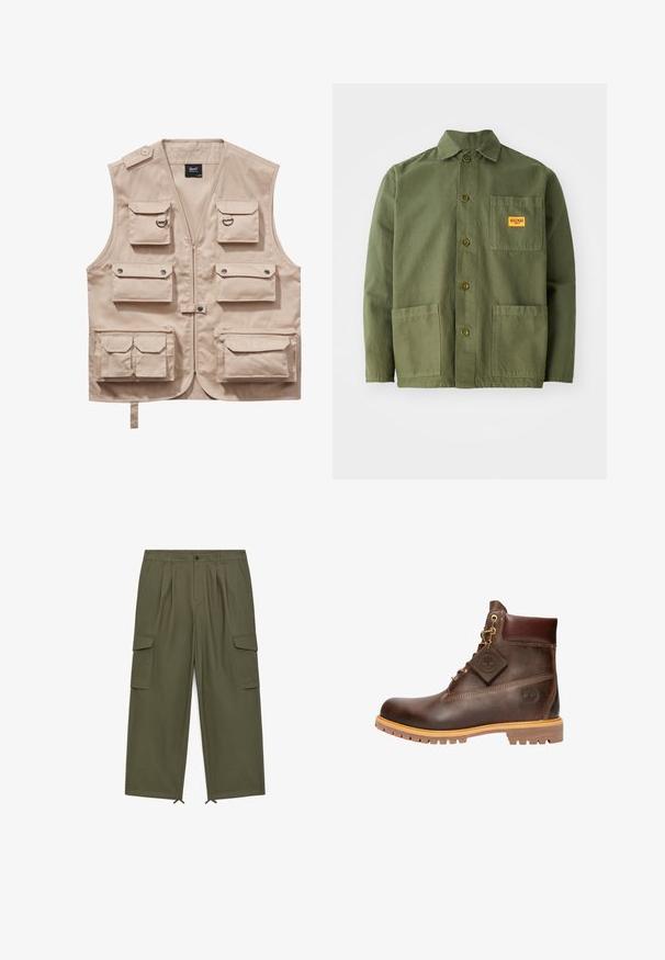 Beige Cargo-Weste aus strapazierfähigem Stoff, ausgestattet mit mehreren Taschen mit Klappen, einem Reißverschluss und einem Kragen. Akzente sind metallene Druckknöpfe und Ringe.; Olivgrüne Jacke aus schwerem Baumwollmaterial, mit spitzem Kragen, Knöpfen auf der Vorderseite und zwei großen aufgesetzten Taschen. Mit einem kleinen Logo-Patch versehen.; Olivgrüne, weit geschnittene Cargo-Hose mit Falten, seitlichen Klappentaschen, Gürtelschlaufen, Knopfverschluss und verstellbaren Bändern am Saum.; Braune Leder-Ankelstiefel mit runder Zehenpartie, robuster Sohle, goldfarbener Hardware und strukturiertem Obermaterial. Enthält ein angehängtes Logo-Tag.