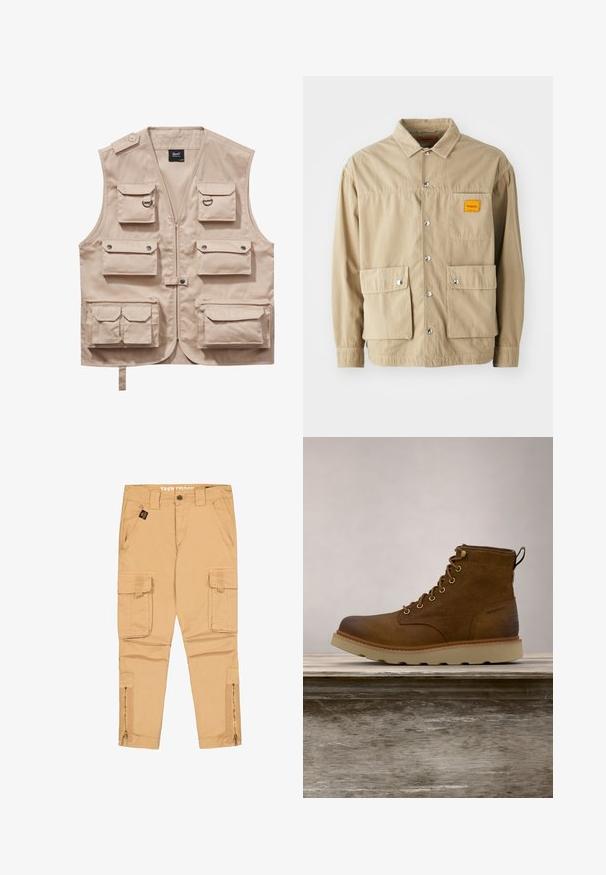 Chaleco cargo beige hecho de tejido resistente, con múltiples bolsillos con solapas, cierre de cremallera y cuello. Los detalles incluyen botones de presión metálicos y anillos.; Replay Inc. SHIRT - Camisa - khaki; Pantalones cargo beige con botón delantero, trabillas para el cinturón, dos bolsillos laterales, dos bolsillos cargo con solapa y cremalleras en la parte inferior de las piernas.; Botín impermeable marrón hecho de cuero texturizado, con ojales dorados, puntera redondeada y una suela de goma ligera y texturizada.