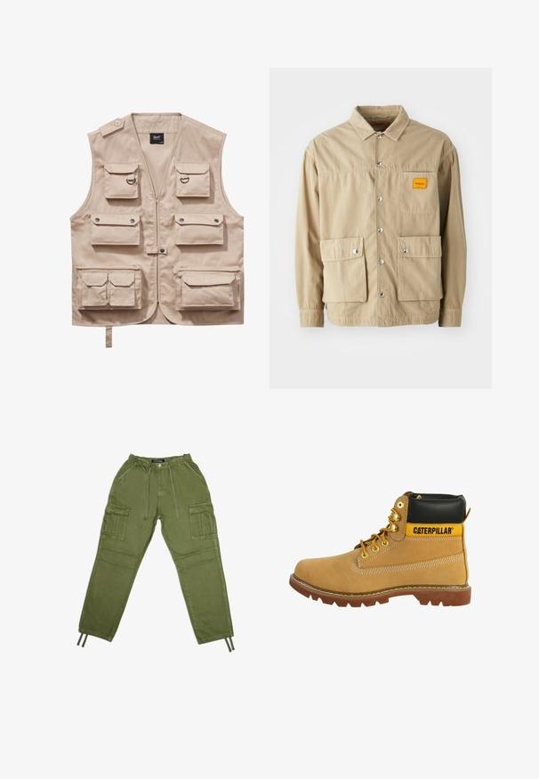 Beige cargo vest lavet af slidstærkt stof, med flere lommer med klapper, lynlås og krave. Accenter inkluderer metaltrykknapper og ringe.; Replay Inc. SHIRT - Skjorter - khaki; Olivengrønne cargo-bukser lavet af letvægtsstof, med elastisk talje, snøre og flere sidelommer.; Brun læderstøvle med en sort krave, gule accenter, guldøjer og en robust sål. Har en sidesøm og kontrasterende syning detaljer.