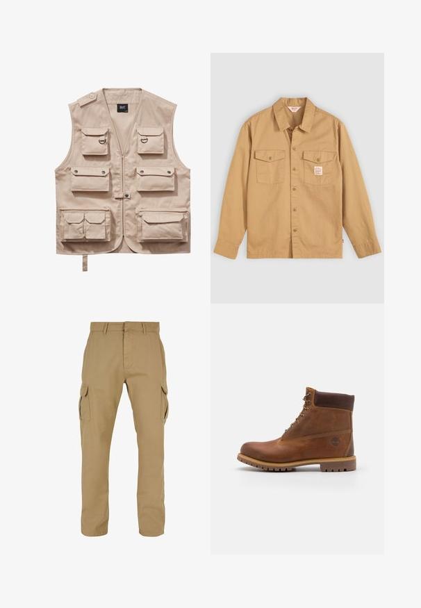 Chaleco cargo beige hecho de tejido resistente, con múltiples bolsillos con solapas, cierre de cremallera y cuello. Los detalles incluyen botones de presión metálicos y anillos.; Camisa abotonada color beige con mangas largas, dos bolsillos en el pecho y una pequeña etiqueta. Fabricada en algodón con una textura suave y un diseño de cuello clásico.; Pantalones cargo beige con dos bolsillos laterales, diseño de pierna recta, hechos de tela duradera, con detalles de costura y presillas para el cinturón.; Botas de senderismo de cuero marrón con un acabado suave, tobillo acolchado, ojales de metal y suela de goma con un patrón de tracción robusto.