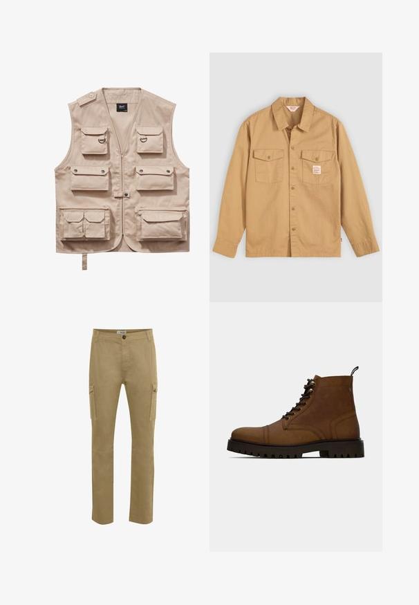 Beige Cargo-Weste aus strapazierfähigem Stoff, ausgestattet mit mehreren Taschen mit Klappen, einem Reißverschluss und einem Kragen. Akzente sind metallene Druckknöpfe und Ringe.; Beige Hemd mit langen Ärmeln, zwei Brusttaschen und einem kleinen Etikett. Hergestellt aus Baumwolle mit einer glatten Textur und klassischem Kragen-Design.; Beige Cargo-Hosen mit gerader Passform, aus robuster Baumwolle. Verfügt über seitliche Taschen, einen Knopfverschluss und verstärkte Kniebereiche.; Braune Leder Schnürstiefelette mit dickem schwarzem Profilsohle und Zugschlaufe auf weißem Hintergrund.