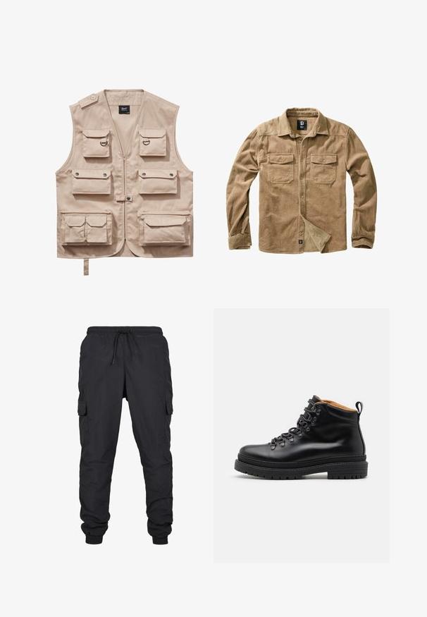 Beige cargo vest lavet af slidstærkt stof, med flere lommer med klapper, lynlås og krave. Accenter inkluderer metaltrykknapper og ringe.; Kordtrøje i tan med lange ærmer, knaplukning foran, to brystlommer og subtil ribbet tekstur. Har mærke nederst.; Sorte cargo bukser med elastisk talje og snoretræk, med sidelommer og manchetter. Lavet af let og holdbart stof.; Zign LEATHER - Snørestøvletter - black