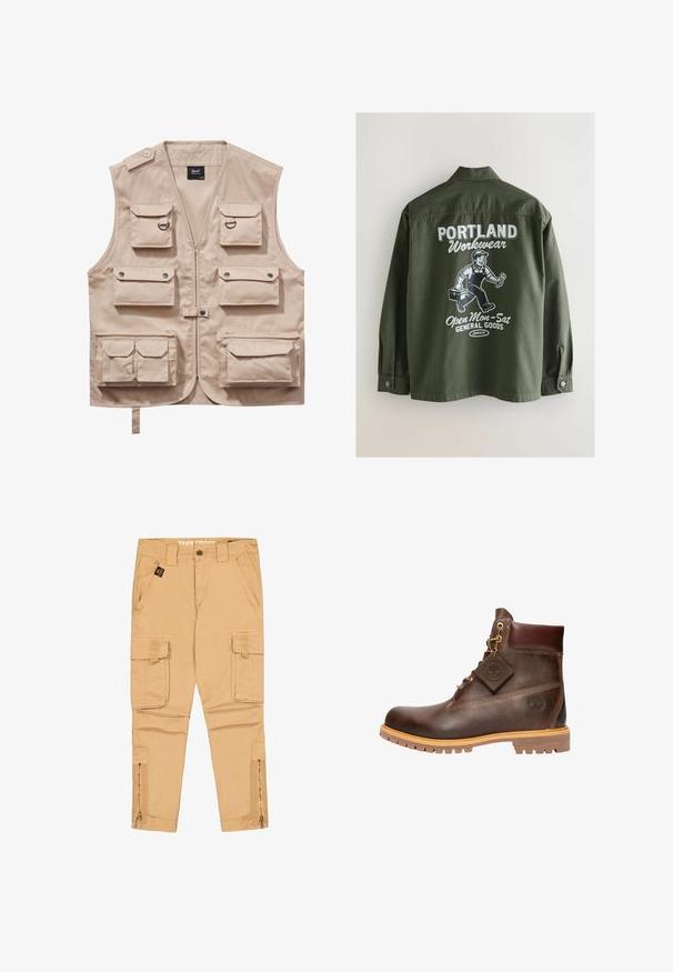 Beige cargovest gemaakt van duurzaam stof, met meerdere zakken met kleppen, ritssluiting en een kraag. Accenten zijn metalen drukknoopjes en ringen.; Olijfgroene werkjas met een kraag met knopen, voorzien van een witte afbeelding op de achterkant van een persoon, gereedschapskist en tekst in vetgedrukt lettertype.; Beige cargobroek met knoop aan de voorkant, riemlussen, twee zijzakken, twee klepzakken en ritsen aan de onderkant van de pijpen.; Bruine leren enkelboot met een ronde neus, stevige zool, hardware in goudkleur en een gestructureerde bovenkant. Inclusief een merklabel dat is bevestigd.