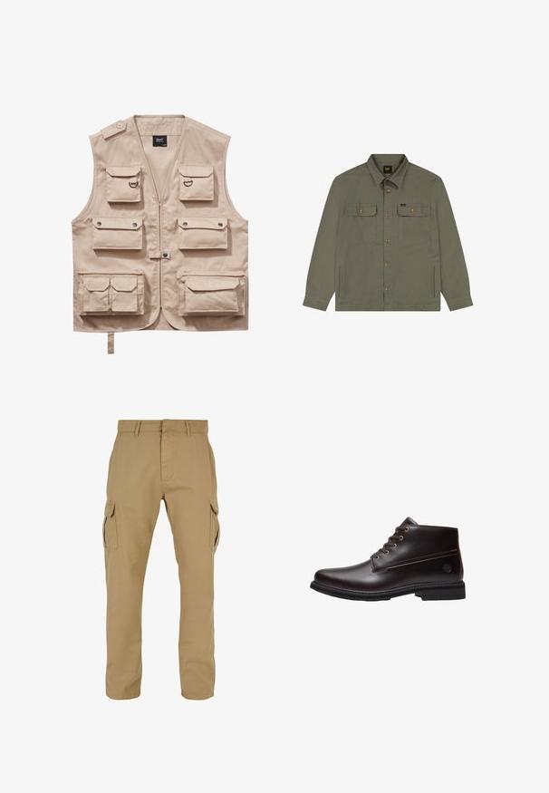 Beige Cargo-Weste aus strapazierfähigem Stoff, ausgestattet mit mehreren Taschen mit Klappen, einem Reißverschluss und einem Kragen. Akzente sind metallene Druckknöpfe und Ringe.; Olivgrüne Hemdjacke mit durchgehender Knopfleiste, zwei Brustklappentaschen, zwei Seitentaschen, langen Ärmeln und Kragen.; Beige Cargo-Hosen mit zwei Seitentaschen, geradem Bein, aus strapazierfähigem Stoff, mit Steppdetails und Gürtelschlaufen.; Dunkelbrauner Leder-Schnürstiefel mit schwarzer Sohle und dezentem Markenlogo an der Seite, im Profil vor weißem Hintergrund gezeigt.