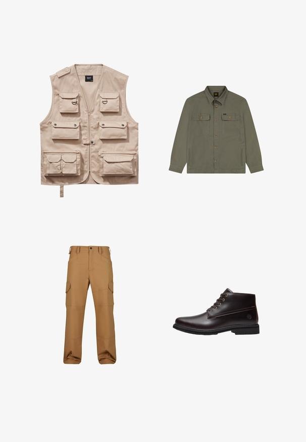 Chaleco cargo beige hecho de tejido resistente, con múltiples bolsillos con solapas, cierre de cremallera y cuello. Los detalles incluyen botones de presión metálicos y anillos.; Chaqueta camisa de color verde oliva con dos bolsillos de solapa en el pecho, dos bolsillos laterales, mangas largas y cuello.; Pantalones cargo marrones fabricados con un tejido duradero, que cuentan con múltiples bolsillos, un corte relajado y detalles de costura reforzada.; Botín de cuero marrón oscuro con cordones, suela negra y logo sutil de la marca en el lateral, mostrado de perfil sobre un fondo blanco.