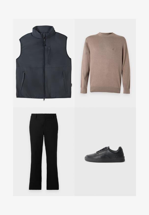 Zwart mouwloos gewatteerd vest met rechtopstaande kraag, een ritssluiting aan de voorkant en drie ritszakken.; Bruine gebreide trui met een ronde hals, geribde boorden en zoom. Voorzien van een klein geborduurd logo op de borst in een bijpassende kleur.; Zwarte uitlopende broek van een katoenmix, voorzien van een knoopsluiting, riemlussen en een gladde textuur zonder zichtbare patronen.; Zwarte leren sneaker met een gladde afwerking, ronde neus, textuurpaneel aan de zijkant en zwarte veters. Voorzien van een platte rubberen zool en een minimalistisch ontwerp.