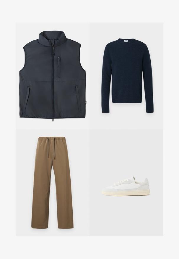 Sort ærmeløs polstret vest med høj krave, frontlynlås og tre lynlåslommer.; Marineblå crewneck-sweater lavet af blødt strikstof, med lange ærmer og ribbet kant og manchetter. Ingen synlige mønstre eller detaljer.; Brune bukser med lige snit, elastisk talje og sorte snore, vist mod en ensfarvet lys baggrund.; Hvid sneakers med en øvre del i tekstureret ruskind og læder. Har rundet tå, snørelukning og kontrasterende beige gummisål.
