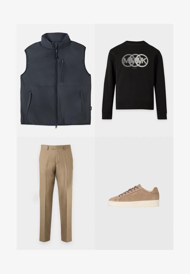 Sort ærmeløs polstret vest med høj krave, frontlynlås og tre lynlåslommer.; Sort langærmet sweatshirt med overlappende sølv MK-logo cirkler og lille "Michael Kors" tekst under designet på brystet.; Beige skræddersyede bukser med bæltestropper, forreste folder og lige ben på en ensfarvet baggrund.; Beige suedestøvle med rund tå, cremefarvet gummisål og brune snørebånd. Har prægede mærkelogo på siden og tekstureret materiale.