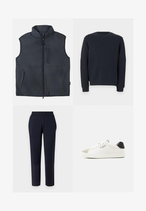 Zwart mouwloos gewatteerd vest met rechtopstaande kraag, een ritssluiting aan de voorkant en drie ritszakken.; Donker marineblauwe sweatshirt met ronde hals, lange mouwen en een klein geborduurd logo op de linkerborst, weergegeven op een witte achtergrond.; Navyblauwe, tapse broek met een zachte textuur, elastische tailleband en geen zichtbare zakken, ontworpen voor comfort en veelzijdigheid.; Witte lage sneaker met een beige suède neus, zwarte hielstrook, witte veters en het "ALLSAINTS LONDON" logo aan de zijkant.