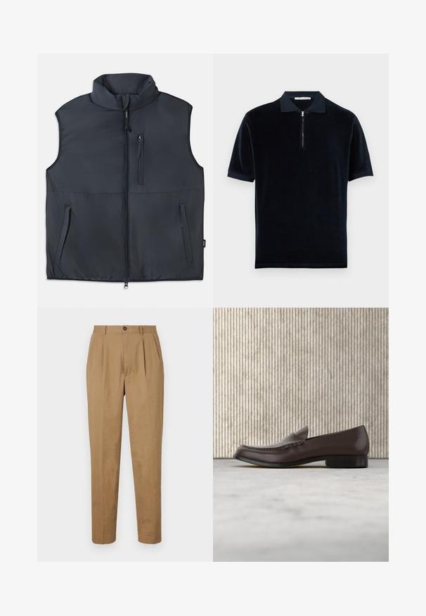 Sort ærmeløs polstret vest med høj krave, frontlynlås og tre lynlåslommer.; Marineblå fløjls polo med kort lynlås, flad krave og korte ærmer. Glat tekstur og ensfarvet, minimalistisk design.; Tan pleated bukser med lige snit, lavet af et glat stof. Har knaplukning foran og sidelommer.; Brune læderloafers med en glat overflade, rund tå, hævet syning og en lav blokhæl. Elegant, minimalistisk design.