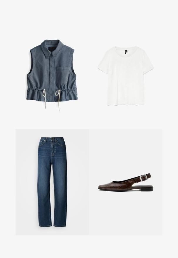 Top sans manches, à rayures bleu et blanc, avec un col, une poche avant et une taille à cordon de serrage avec des détails froncés.; T-shirt blanc à manches courtes avec un col rond, fabriqué en tissu léger. Design simple, texture lisse et ourlet droit.; Jean en denim bleu foncé à coupe décontractée, taille haute, design à cinq poches et coutures visibles. Le tissu a une texture lisse.; Chaussure plate slingback en cuir marron foncé avec bout carré, texture crocodile et boucle argentée sur la bride.
