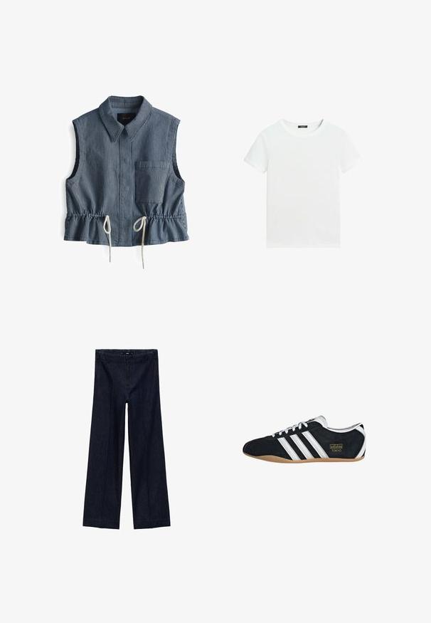 Ärmelloses Oberteil mit blauen und weißen Streifen, einem kragenförmigen Ausschnitt, einer aufgesetzten Tasche und einem Kordelzugbund mit raffiniertem Detail.; Schlichtes weißes T-Shirt mit kurzen Ärmeln, rundem Halsausschnitt und einem kleinen schwarzen Etikett innen am Kragen.; Dunkelblaue weit geschnittene Jeanshose mit hoher Taille, Frontfalten, einem Reißverschluss und fünf Gürtelschlaufen am Bund.; Schwarze Wildledersneaker mit drei weißen Streifen, goldenem Logo und brauner Gummisohle. Merkmale ein niedrigprofiliertes Schnürdesign.
