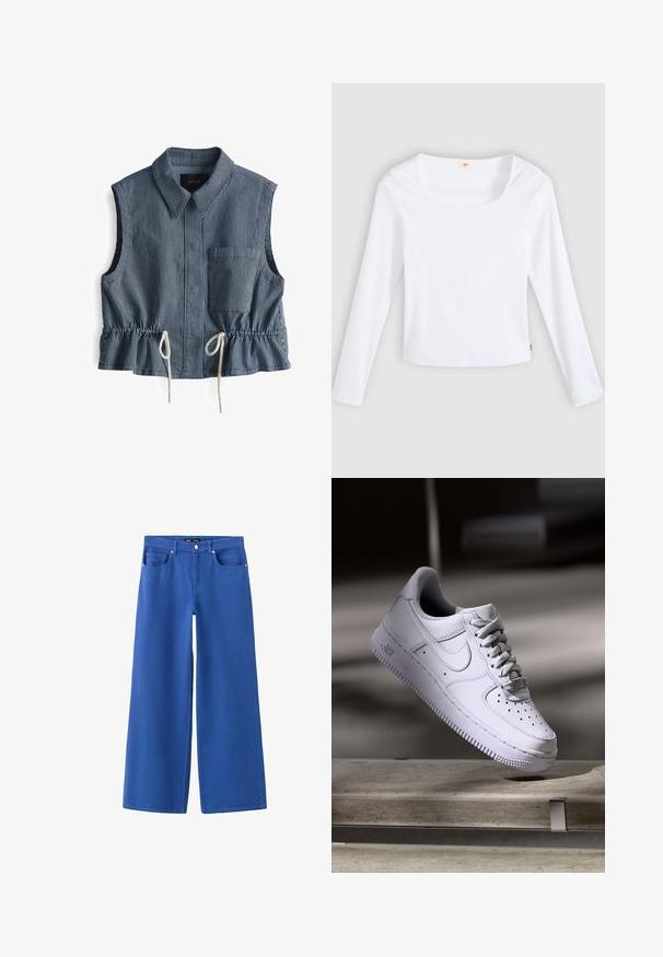 Mouwloos, blauw-wit gestreept topje met een kraag, een borstzak en een koord aan de taille met geplooide details.; Witte longsleeve t-shirt van geribbelde stof, met een vierkante halslijn en een aansluitend model, voorzien van een klein logotag aan de zijkant.; Blauwe wijd uitlopende spijkerbroek met knoop en rits aan de voorkant, twee voorzakken en riemlussen op een witte achtergrond.; Witte Nike Air Force 1 sneaker die zweeft boven een betonnen oppervlak met schaduwen in een minimalistische setting.