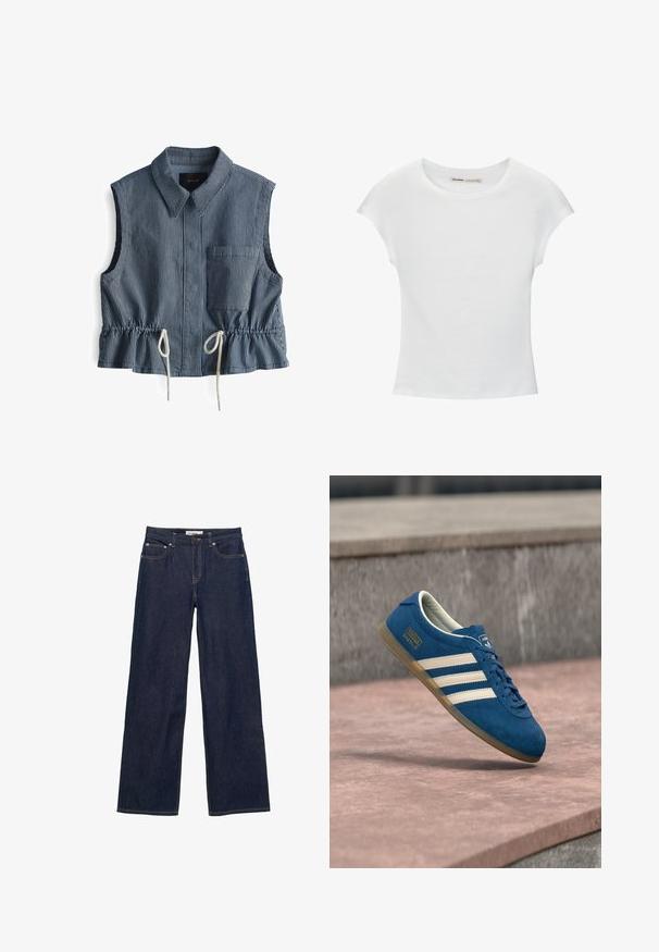 Ärmelloses Oberteil mit blauen und weißen Streifen, einem kragenförmigen Ausschnitt, einer aufgesetzten Tasche und einem Kordelzugbund mit raffiniertem Detail.; Weißes Baumwoll-T-Shirt mit kurzen, aufgerollten Ärmeln, rundem Ausschnitt und geradem Saum. Glatte Textur ohne sichtbare Muster oder Akzente.; Dunkelblaue Jeans mit geradem Bein, Vordertaschen, Gürtelschlaufen, Knopfverschluss und sichtbaren Kontrastnähten.; Blaue Wildledersneaker mit cremefarbenen Streifen und Schnürsenkeln, Gummisohle in Karamellfarbe, strukturierte Oberfläche, abgerundete Zehenpartie und Markenlogo an der Seite.