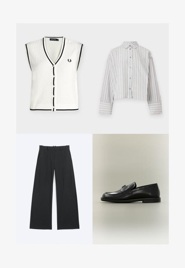 Gilet en maille blanc sans manches avec bordures noires au col en V, patte de boutonnage, emmanchures et ourlet, avec un petit logo laurier noir brodé.; Chemisier court à manches longues avec des rayures verticales marron et blanches, devant boutonné, col et poche poitrine.; Pantalon large noir à fines rayures blanches, avec passants de ceinture, poches avant et fermeture avant dissimulée.; Mocassin en cuir noir avec un petit talon, un bout arrondi et des détails cousus sur un fond neutre.