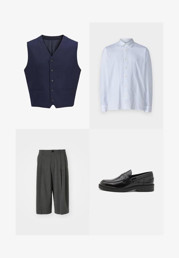 Marineblauwe vest, gemaakt van gestructureerde stof, voorzien van een puntkraag, zes knopen aan de voorkant en twee zijzakken. Glad binnenvoering.; Witte button-up shirt van lichtgewicht stof, met een puntige kraag, lange mouwen en een rij gele knopen aan de voorkant.; Grijze pinstriped wijde shorts met een knoopsluiting en geplooide voorkant. Gemaakt van een textiel met structuur, en heeft een tailored ontwerp.; Zwarte leren instappers met een gladde afwerking, ronde neus, lage hak en decoratieve stiksels aan de voorkant. Rubberen buitenzool voor grip.