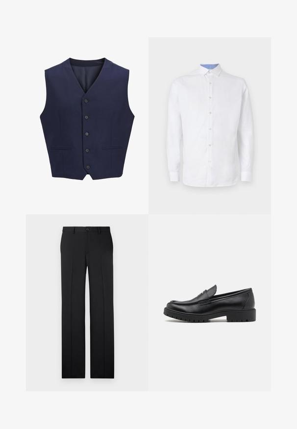 Marineblauwe vest, gemaakt van gestructureerde stof, voorzien van een puntkraag, zes knopen aan de voorkant en twee zijzakken. Glad binnenvoering.; Witte blouse met lange mouwen en knoopsluiting, voorzien van een lichtblauw geruit patroon aan de binnenkant van de kraag en manchetten. Glad textuur van de stof.; Zwarte, op maat gemaakte broek met een rechte pijp, zachte stof, voorvouwen en een enkele knoopsluiting in de taille.; Zwarte leren instappers met een ronde neus, slip-on ontwerp en dikke rubberen zool met een gestructureerde grip. Verhoogde hak en subtiele stikdetails.
