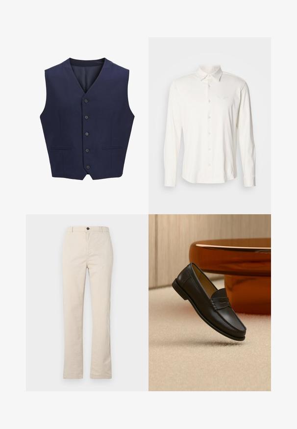 Marineblauwe vest, gemaakt van gestructureerde stof, voorzien van een puntkraag, zes knopen aan de voorkant en twee zijzakken. Glad binnenvoering.; Wit shirt met lange mouwen gemaakt van zachte stof, voorzien van een knoopsluiting aan de kraag en een geborduurd logo op de borst. Soepele textuur, klassiek ontwerp.; Lichtbeige katoenen broek met een rechte pijpdesign, voorzien van een knoopsluiting aan de voorkant, een ritssluiting en minimale stikdetails.; Zwarte leren loaferschoen zwevend boven een beige tapijt met amberkleurige moderne meubels op de achtergrond.
