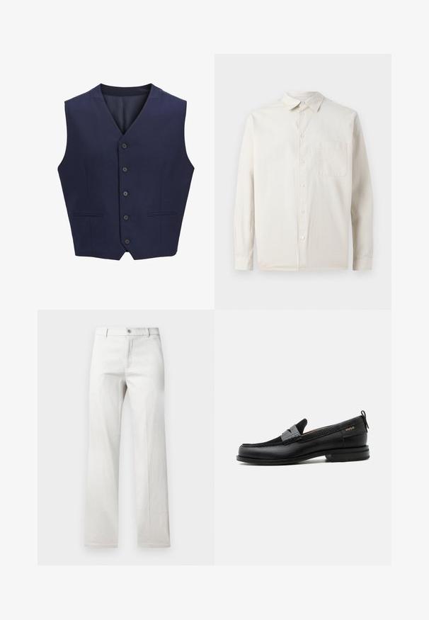 Chaleco azul marino, hecho de tela texturizada, con cuello de muesca, seis botones delanteros y dos bolsillos laterales. Forro interior suave.; Samsøe Samsøe SADAMON - Camisa - off white; Pantalones grises claros con un diseño de pierna recta, fabricados en una tela suave, con cierre frontal de botón y bolsillos laterales.; Mocasín de cuero negro con detalle de tira gris, tacón bajo y suela texturizada, con la marca "HUGO" en oro en el lateral.