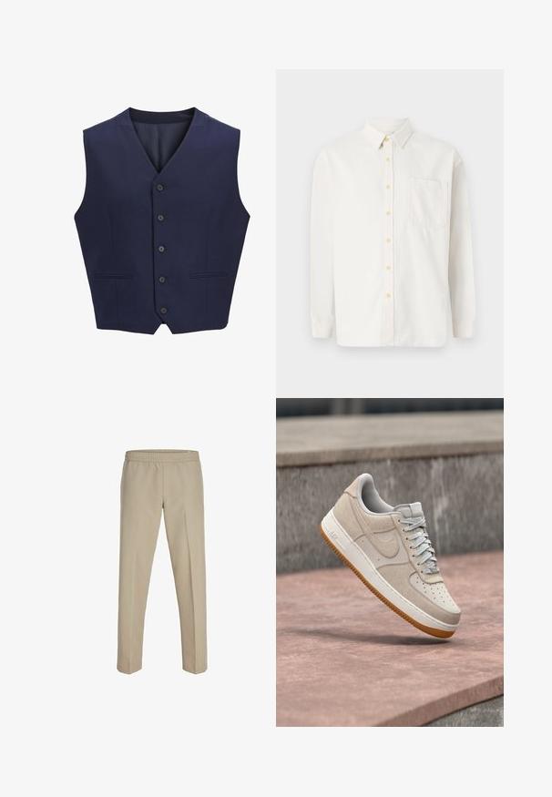 Marineblauwe vest, gemaakt van gestructureerde stof, voorzien van een puntkraag, zes knopen aan de voorkant en twee zijzakken. Glad binnenvoering.; Witte lange mouw shirt gemaakt van een katoenmix, met een button-down kraag, gele knopen en een enkele borstzak. Klassieke pasvorm.; Beige rechte broek met een elastische tailleband, een getailleerde voorvouw en een slanke pasvorm.; Beige en witte Nike Air Force 1 sneaker met een gumzool die boven een roze stenen oppervlak zweeft, met een grijze stenen achtergrond.