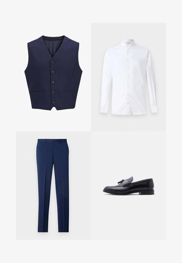 Marineblauwe vest, gemaakt van gestructureerde stof, voorzien van een puntkraag, zes knopen aan de voorkant en twee zijzakken. Glad binnenvoering.; Witte lange mouwen overhemd met knoopsluiting van katoen, met een klassieke kraag, rechte snit en een zachte textuur met bijpassende knopen.; Marine formele broeken met een slim fit, een vlakke voorkant en een soepele textuur. Kenmerken zijn een enkele knoopsluiting en riemlussen.; Zwarte leren loafer met textielpaneel in grijs met textuur en kwastdetail, lage hak en afgeronde neus, zijaanzicht op witte achtergrond.