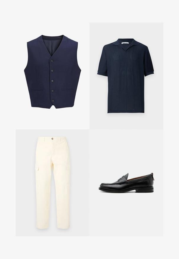 Mørkeblå vest lavet af tekstureret stof, med notch krave, seks frontknapper og to sidelommer. Glat indvendig foer.; Samsøe Samsøe SATRAVIS POLO - Poloshirts - salute; Lys gule cargobukser lavet af bomuld, med sidelommer og lige ben design, med en knaplukning i taljen.; Sort læder herre loafer med moc-tå syning, penny strop, struktureret krave og lav stablet hæl på hvid baggrund.