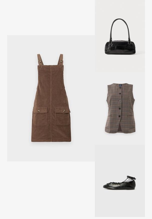 Mouwloos geruit vest met vijf zwarte knopen, twee voorste splitzakken en een ronde halslijn, in bruin en gedempte tinten.; Bruine corduroy tuinbroek jurk met verstelbare bandjes, twee voorkanten zakken en een centrale naad. Getextureerde stof met een zachte uitstraling.; Zwarte ballerina's van lakleer met een afgeronde neus, veterdesign en een platte zool. Glad oppervlak met minimale details.; Zwarte leren handtas met een rechthoekige vorm, voorzien van een enkele gestructureerde handgreep, zilveren hardware en ritsluiting. Gladde textuur.