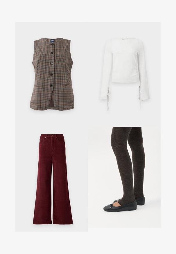 Gilet sans manches à carreaux avec cinq boutons noirs, deux poches avant fendus et un col rond, dans des tons bruns et atténués.; Haut blanc à manches longues et ajusté, en tissu texturé avec des liens aux poignets, présentant un décolleté droit et une longueur courte.; Pantalons en velours côtelé large de couleur bordeaux, avec une taille haute, des poches avant et une fermeture à bouton. Tissu texturé à côtes sur toute la surface.; Jambes portant des leggings côtelés foncés associés à des ballerines noires avec de petits détails en nœud sur fond blanc.