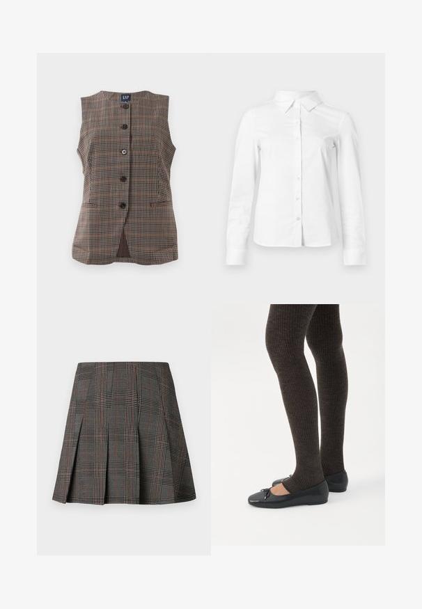 Ærmeløs plaid vest med fem sorte knapper, to forlommer og rund halsudskæring i brune og afdæmpede nuancer.; Hvid skjorte med lange ærmer, knapper, spids krave, lige kant og tætsiddende silhuet, vist på en ensartet lys baggrund.; Gråternet nederdel med plisseringer, prydet med intrikate mønstre i sort og hvid, akkompagneret af tynde røde linjer. Fremstillet af et struktureret stof.; Ben iført mørke ribbede leggings kombineret med sorte balletsko med små sløjfedetaljer på hvid baggrund.