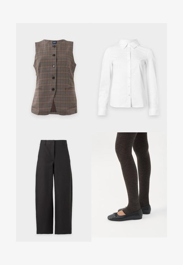 Ærmeløs plaid vest med fem sorte knapper, to forlommer og rund halsudskæring i brune og afdæmpede nuancer.; Hvid skjorte med lange ærmer, knapper, spids krave, lige kant og tætsiddende silhuet, vist på en ensartet lys baggrund.; Sorte bukser med vide ben, høj talje og bæltestropper, vist mod en hvid baggrund.; Ben iført mørke ribbede leggings kombineret med sorte balletsko med små sløjfedetaljer på hvid baggrund.