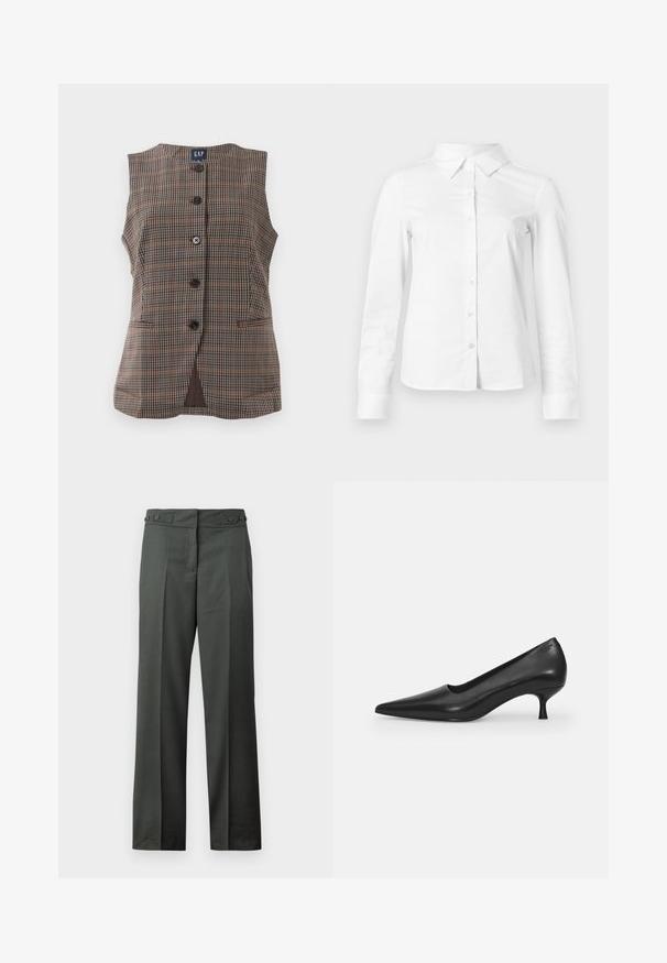Gilet sans manches à carreaux avec cinq boutons noirs, deux poches avant fendus et un col rond, dans des tons bruns et atténués.; Chemise blanche à manches longues avec boutons, col pointu, ourlet droit et silhouette ajustée, présentée sur un fond clair uni.; Pantalon droit gris foncé avec plis à l’avant et taille ajustable avec boutons latéraux sur fond blanc.; Chaussure à talon haut en cuir noir avec un bout pointu, un design incurvé et un talon fin de 5 cm. Texture lisse avec peu d'ornements.