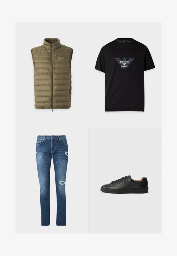 Chaleco acolchado sin mangas de color verde oliva con cuello alto, cremallera frontal y logo EA7 Emporio Armani en el pecho izquierdo.; Camiseta negra de manga corta con un logo difuminado de Emporio Armani y el texto "MILANO" impreso en el centro delantero.; Vaqueros azules de corte slim con detalles desgastados y salpicaduras de pintura, con bolsillos delanteros y cierre de botones sobre un fondo liso.; Zapatilla negra de cuero de caña baja con superficie texturizada, cordones negros y suela de goma gruesa, mostrada de lado sobre un fondo claro.