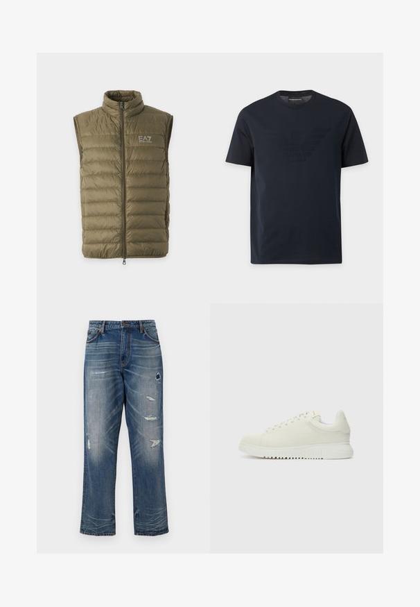 Chaleco acolchado sin mangas de color verde oliva con cuello alto, cremallera frontal y logo EA7 Emporio Armani en el pecho izquierdo.; Camiseta negra de manga corta con cuello redondo, con un sutil logo de águila en relieve en el pecho y una etiqueta de marca dentro del cuello.; Vaqueros de denim azul con un corte relajado, que presentan parches desgastados y decoloración. Tienen bolsillos estándar y acentos de costura visibles.; Zapatilla blanca de cuero con parte superior texturizada, punta redondeada, suela blanca plana y cordones tonales. Marca sutil en la lengüeta.