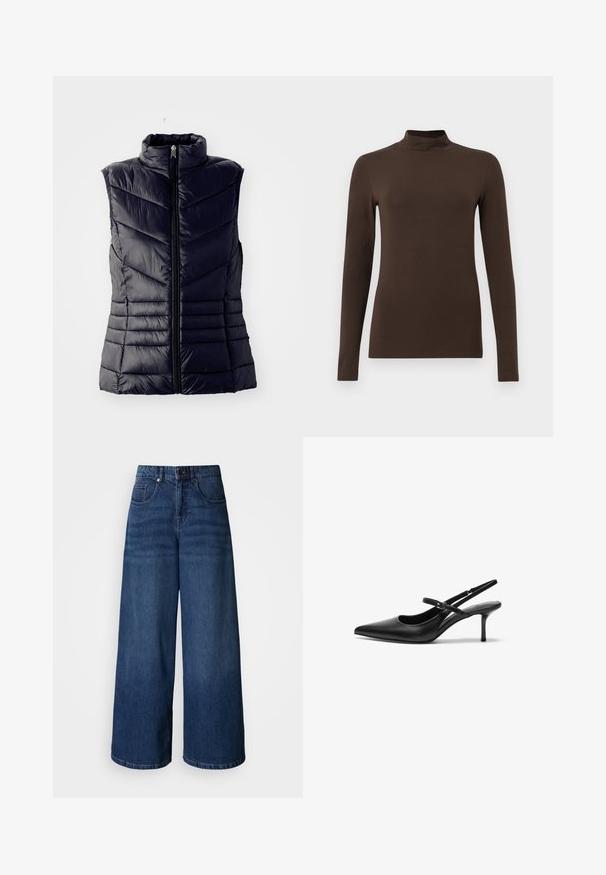 Marineblå polstret vest med høj krave, der har chevron-stikninger, en frontlynlås og ingen ærmer. Glat, blank overflade.; Brun langærmet turtleneck-top lavet af blødt stof. Tætsiddende design med høj krave og sømløse ærmer. Ingen synlige mønstre eller hardware.; Vidbenede mørkeblå cowboybukser med høj talje, forsynet med forlommer og knaplukning, fremstillet af blødt, tekstureret stof.; Sorte læder slingback hæle med spids tå, slank justerbar rem og en stiletto hæl på cirka 5 cm, glat tekstur.