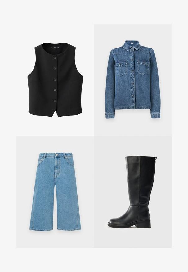 Sort ærmeløs vest med rund halsudskæring, frontlukning med knapper og sidelommer, lavet af et glat stof med en subtil glans.; Denimjakke med lange ærmer, knaplukning foran, foldet krave og to brystlommer med klap og knapper.; Mellemblå denim knælange shorts med knap- og lynlåslukning, bæltestropper og forlommer mod en ensfarvet baggrund.; Sort læderknæhøj støvle med rund tå, blokhelt, minimalt syninger og en træksløjfe bagpå. Glat tekstur, strømlinet design.