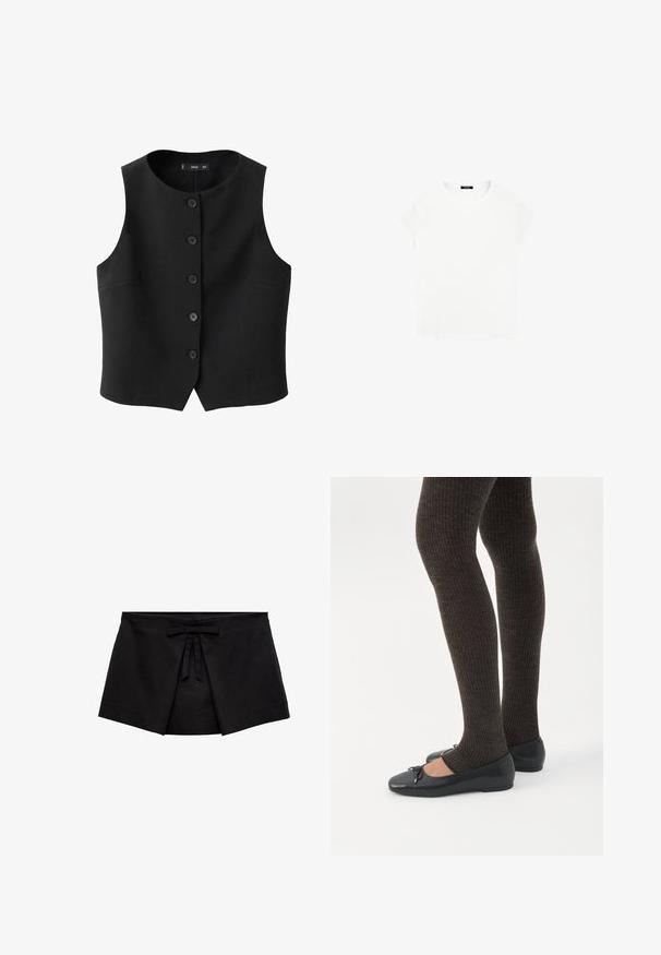 Sort ærmeløs vest med rund halsudskæring, frontlukning med knapper og sidelommer, lavet af et glat stof med en subtil glans.; Hvid bomulds t-shirt med rund halsudskæring og korte ærmer. Enkel design, ingen mønstre eller accenter. Blød, glat tekstur.; Sort mini nederdel i omslagsstil med frontfælde detaljer og en lille bundet sløjfe ved taljen.; Ben iført mørke ribbede leggings kombineret med sorte balletsko med små sløjfedetaljer på hvid baggrund.