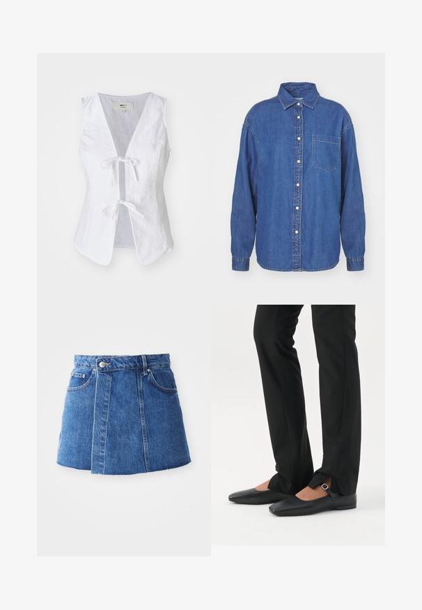 Witte linnen mouwloze top met een diepe V-hals, knoopsluiting aan de voorkant en een zachte textuur. Heeft twee voorzakken en een afgeronde zoom.; Donkerblauwe denim overhemd met een knoopsluiting aan de voorkant, kraag en één borstzak. Lange mouwen met knoopmanchetten. Klassiek design.; Denim minirok in middelblauw met een hoge taille, sluiting met knopen aan de voorkant, twee zakken en een onafgebroken zoom aan de onderkant.; Benen met zwarte smalle broek met voorsplitten aan de zoom, gecombineerd met zwarte platte Mary Jane-schoenen met een klein gespje.