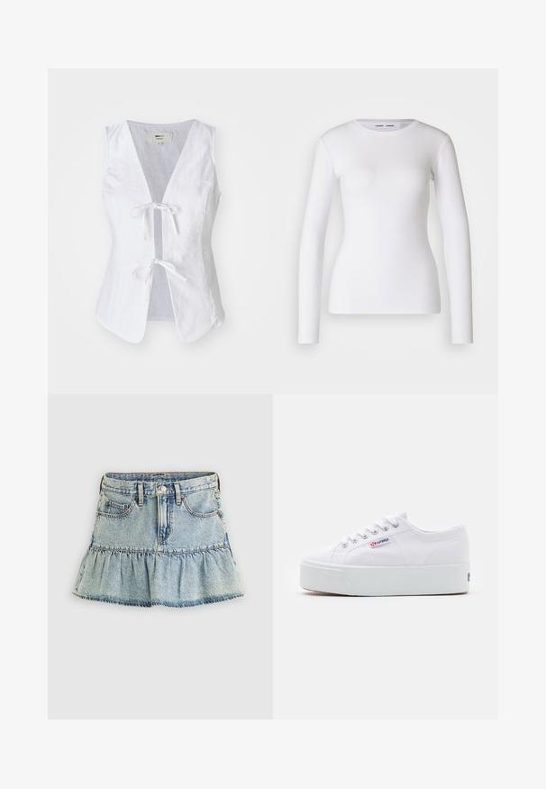 Witte linnen mouwloze top met een diepe V-hals, knoopsluiting aan de voorkant en een zachte textuur. Heeft twee voorzakken en een afgeronde zoom.; Witte longsleeve shirt van ribstof, met een ronde halslijn en een getailleerde vorm. Er zijn geen patronen of accenten aanwezig.; Spijkerrok in lichtblauw met een gerimpelde zoom. Voorzien van een tailleband, voorzakken en een vervaagde textuur. Klassiek ontwerp met vijf zakken.; Witte canvas sneaker met een dikke witte platformzool, ronde neus en metalen oogjes voor veters. Merkl logo aan de zijkant weergegeven.