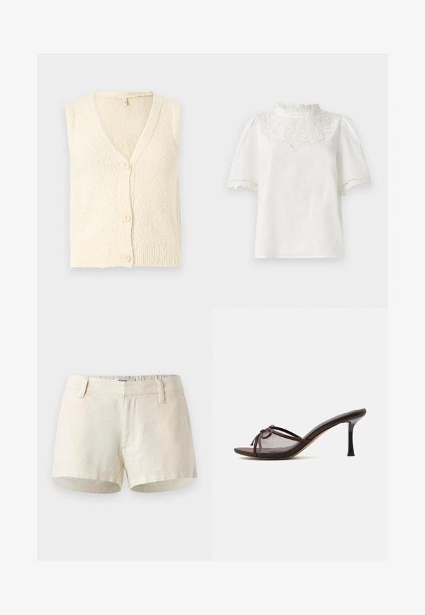 Cardigan sans manches couleur crème avec un col en V, en tissu tricoté texturé et trois grands boutons sur le devant. Détail à ourlet côtelé.; Haut blanc à manches courtes avec un col en dentelle haut, présentant des broderies florales délicates et des détails en ourlet festonné, fabriqué à partir d'un tissu léger.; Shorts beige clair en lin. Dotés d'une taille plate, de poches avant et d'un ourlet net. Design simple et minimal.; Mule ouverte marron avec talon aiguille de hauteur moyenne, tige en mesh transparent et petit détail de nœud sur le dessus.