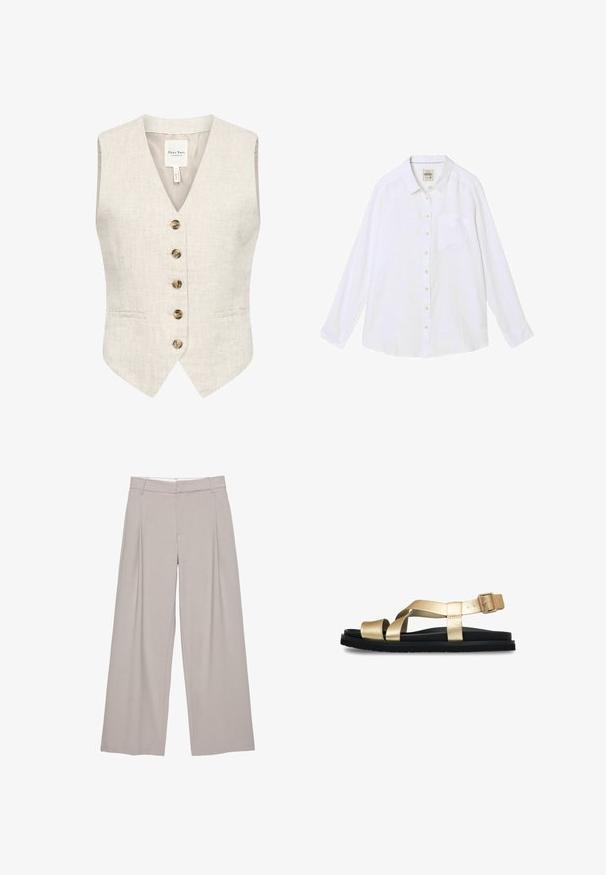 Linned vest i lys beige med v-hals, fem brune knapper og to sidelommer. Har en glat tekstur og en skræddersyet pasform.; Hvid langærmet skjorte med knapper, krave og brystlomme, lagt fladt mod en hvid baggrund.; Beige bukser med vide ben, bæltestropper, frontplisseringer og skjult forsideåbning, skræddersyet til en afslappet pasform.; Guldmetalliske sandaler med stropper, sort gummisål og justerbar spænde. Har glatte, teksturerede stropper og et minimalistisk design.