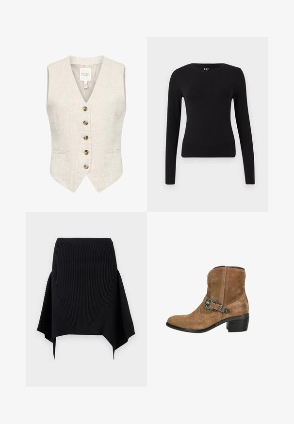Linned vest i lys beige med v-hals, fem brune knapper og to sidelommer. Har en glat tekstur og en skræddersyet pasform.; Sort langærmet tætsiddende t-shirt med rund hals og lige kant, vist på en hvid baggrund.; Sort ribstrikket nederdel med asymmetrisk lommetørklædehæm og tætsiddende taljebånd mod en ensartet hvid baggrund.; Brune ruskinds ankelstøvle med en stablet hæl, der har en dekorativ sølvfarvet spænde og sømdetaljer på overdelen.