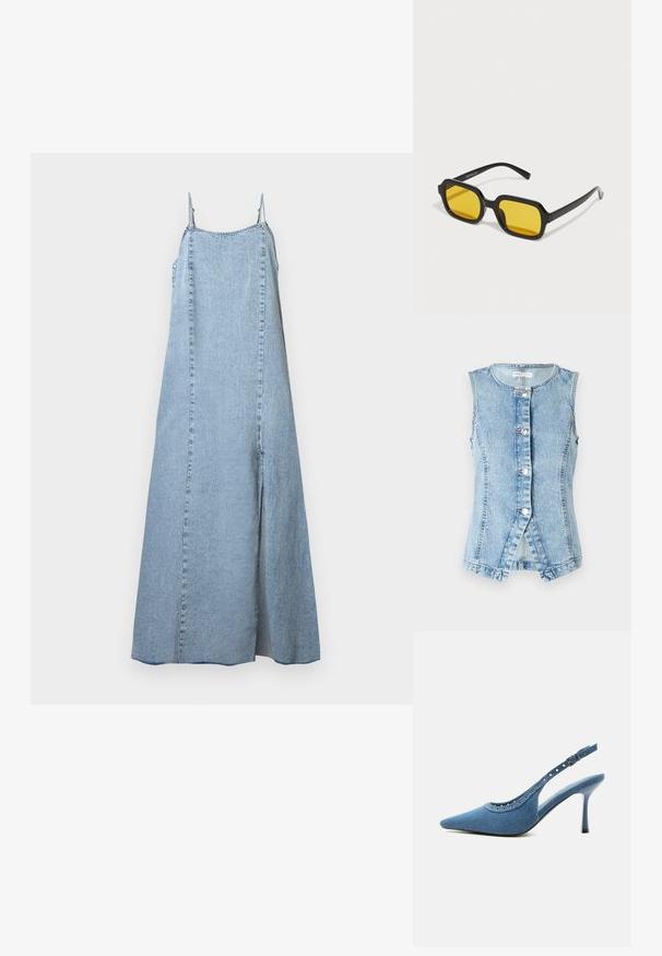 Helepetta helesinise denim vest ilma varrukateta, nööpidega esikülg ja keha mugav disain. Omab kahekordset õmblust ja ümmargust alaosa.; Hele sinise teksariidest maxikleit õhukeste rihmadega ja esiküünega ühtlasel valgel taustal.; Sinist teksariidest terava ninaga avatud kannaga kõrge kontsaga king, millel on hõbedased silmaaugud ja reguleeritav pandlarihm.; Mustad mustad prillid kollaste läätsedega. Omadused hõlmavad paksu raami ja nurgelisi vorme, millel on sile ja läikiv viimistlus.