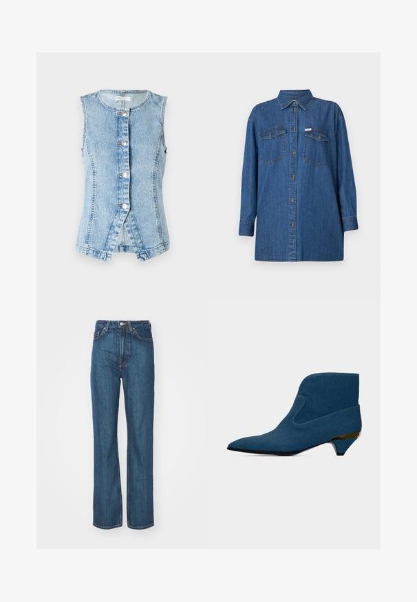 Helepetta helesinise denim vest ilma varrukateta, nööpidega esikülg ja keha mugav disain. Omab kahekordset õmblust ja ümmargust alaosa.; Teksaskaad, pika varrukaga, helesinine, kaks rinna taskut, nööpidega ees, klassikaline krae, tekstureeritud kangas, lõdva lõikega.; Sinised teksapüksid sirge sääreosaga, millel on nööpidega kinnitussüsteem, vööaasad ja erinevad taskude detailid. Peen tekstuur.; Sinine pahkluu saabas terava varbaosaga, madala kassikandaga, millel on kuldne detail, ja sile, ühtlane disain.
