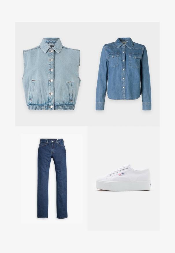 Lyseblå denim ærmeløs jakke med knaplukning foran, krave og elastisk kant. Har to sidelommer og sølvknapdetaljer.; Denimskjorte med en lys blå nuance, klassisk krave og to brystlommer. Den har trykknapper og lange ærmer med knapmanchetter.; Levi's® MOJ MIJ PLANK STRAIGHT - Jeans Straight Leg - stems; Hvide canvas sneakers med en tyk hvid platformssål, rund tå og metaløjelets til snørebånd. Mærkets logo præsenteret på siden.