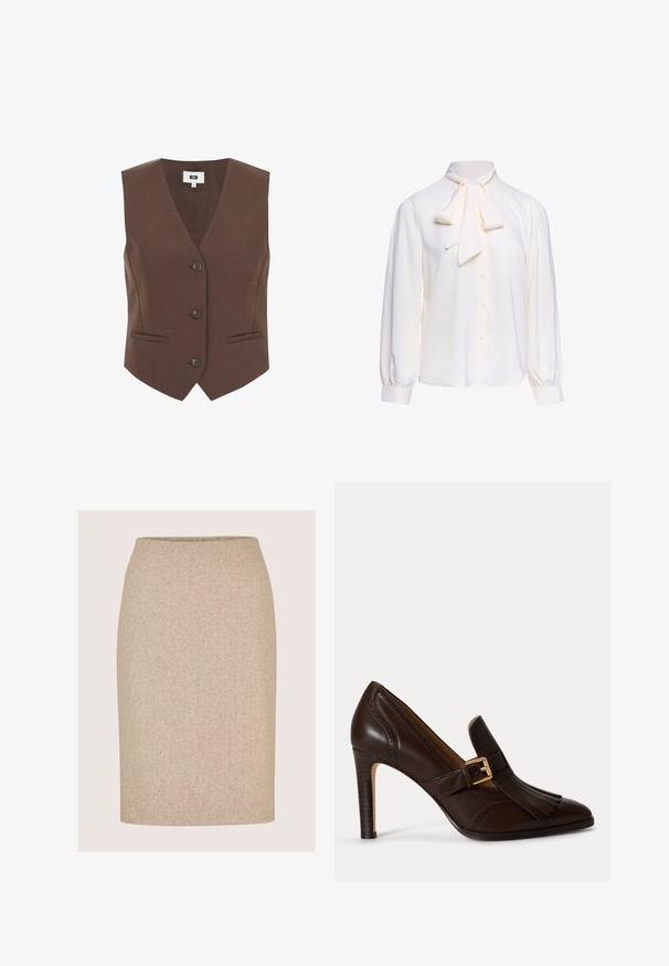Bruine v-hals gilet met een zachte textuur, voorzien van drie knopen en voorzakken, een nauwsluitende pasvorm en een strak ontwerp.; Witte blouse met lange mouwen, knoopsluiting aan de voorkant en een grote gestrikte strik bij de halslijn op een effen achtergrond.; Beige kokerrok tot op de knie met een subtiel visgraatpatroon en zonder zichtbare naden of versieringen.; Donkerbruine leren hoge hak schoen met spitse neus, decoratieve franjes, brogue-details en een gouden gespsluiting.