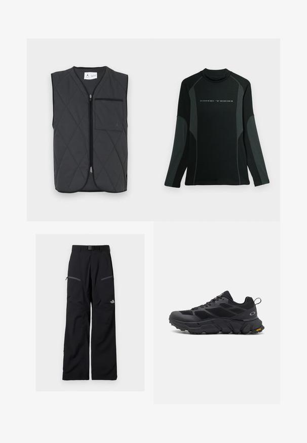 Doudoune noire sans manches matelassée avec fermeture éclair à l'avant et poche poitrine avec un discret logo Jordan sur le côté droit.; Chemise noire à manches longues avec col haut, fabriquée en tissu texturé. Présente des panneaux latéraux gris et le logo "NIKE TECH" sur la poitrine.; Pantalon de plein air noir avec ceinture ajustable, deux poches cuisses zippées et le logo The North Face sur la jambe droite.; Baskets de sport noires avec une semelle épaisse, tige en mesh et synthétique, accents texturés et marque Vibram sur la semelle extérieure.