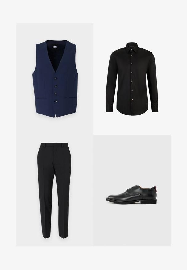 Chaleco ajustado de color azul marino con escote en V, cinco botones negros y bolsillos laterales. Confeccionado en un tejido texturizado, diseñado para una silueta entallada.; Camisa negra de manga larga, con cuello abotonado y cierre frontal con botones. Textura de tela suave con dobladillo curvado y detalles de botones en contraste.; Pantalones negros con un diseño a medida, con frente plano, detalles de pliegue y un corte ajustado. Fabricados con una tela suave para un aspecto refinado.; Zapato de vestir para hombre de cuero negro con cordones en la parte delantera y tira roja en el talón sobre un fondo liso.