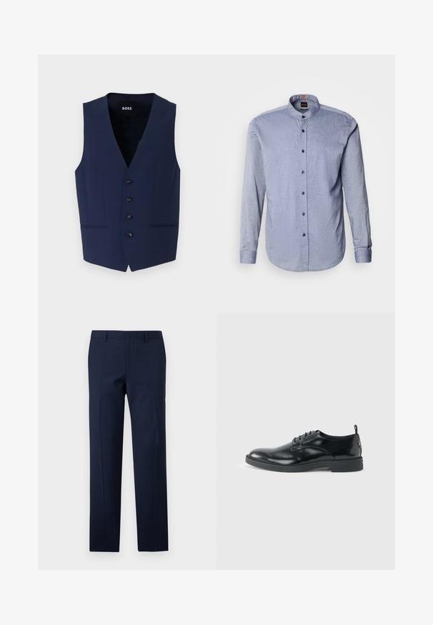 Chaleco ajustado de color azul marino con escote en V, cinco botones negros y bolsillos laterales. Confeccionado en un tejido texturizado, diseñado para una silueta entallada.; Camisa abotonada de tela azul claro, con cuello tipo banda, mangas largas y botones azul oscuro. Textura suave con un patrón sutil.; Pantalones azul marino con un corte entallado, que presentan una textura suave, pliegues marcados y un diseño de frente plano. Cierre de cremallera oculta.; Zapato de vestir negro de cuero brillante con tacón bajo, cierre de cordones y puntera redonda, mostrado de lado sobre un fondo claro y liso.